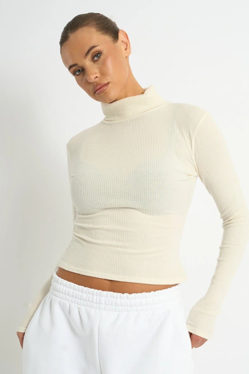 Kaiia Kaiia Rib Roll Neck Long Sleeve Top in Ivory