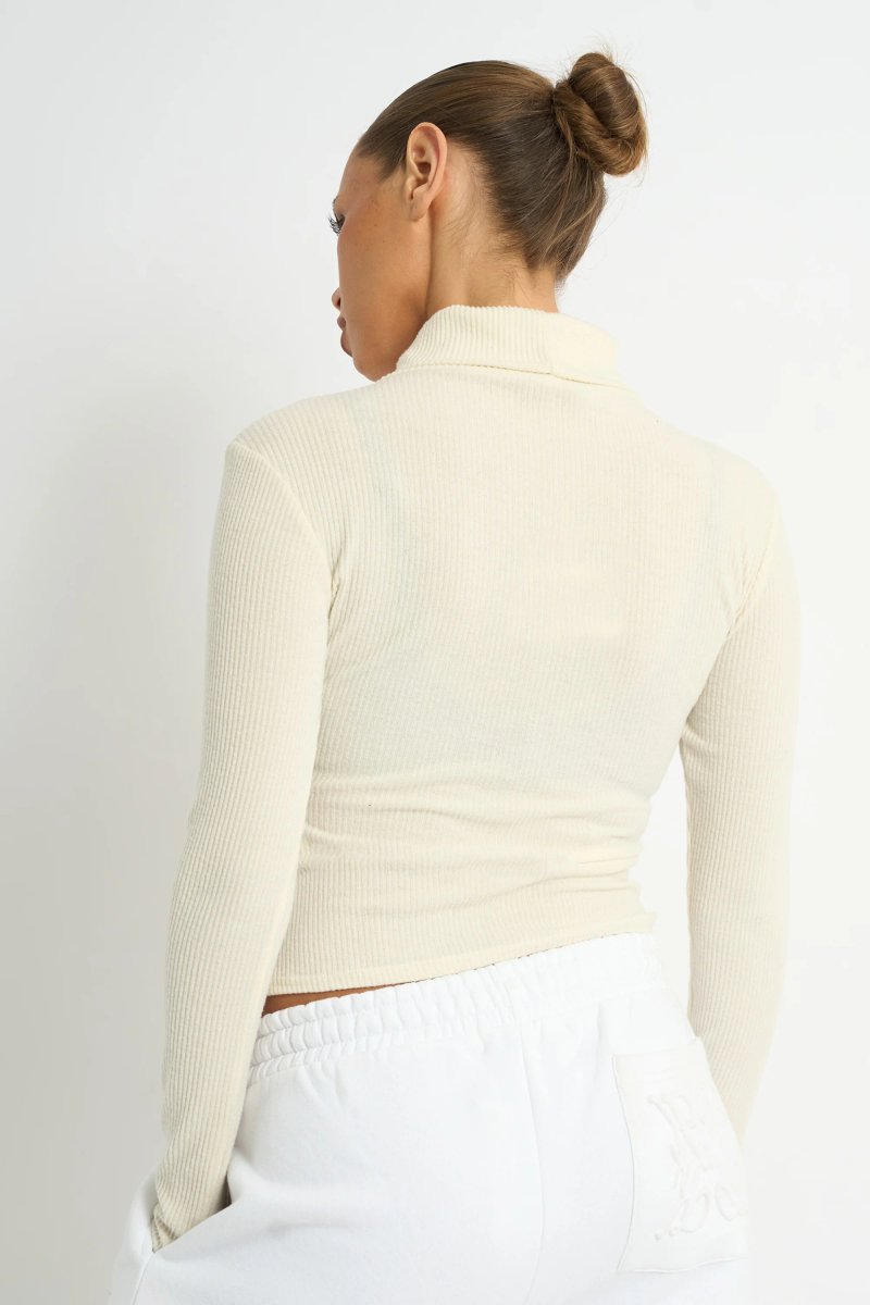 Kaiia Kaiia Rib Roll Neck Long Sleeve Top Ivory - 2