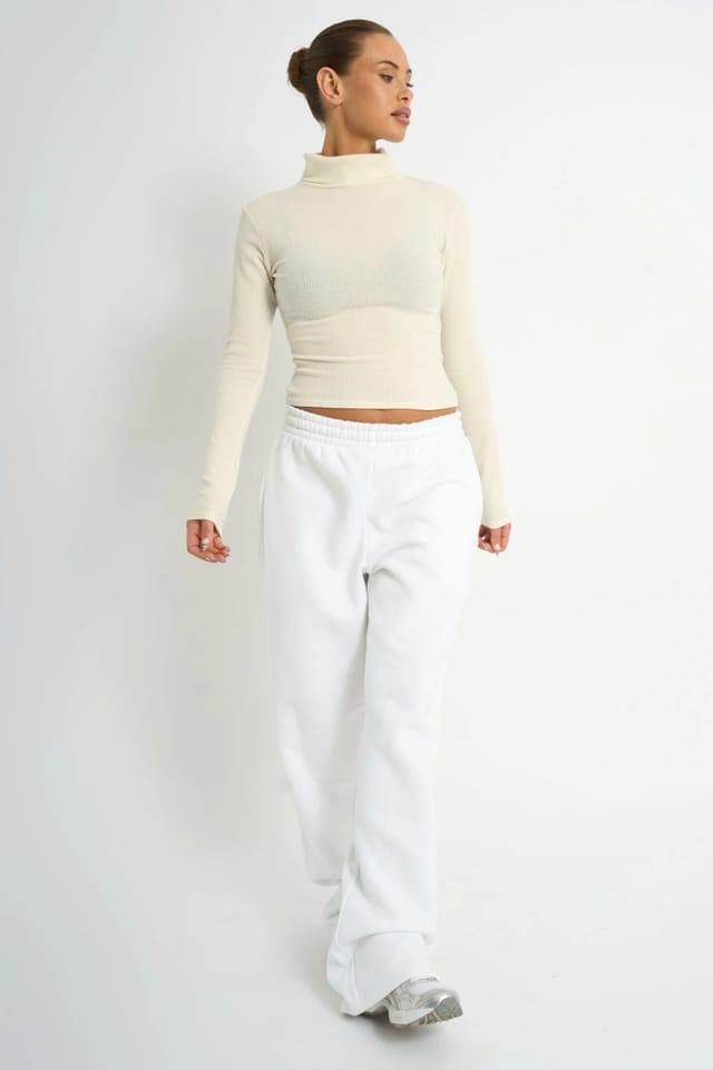 Kaiia Kaiia Rib Roll Neck Long Sleeve Top Ivory - 3
