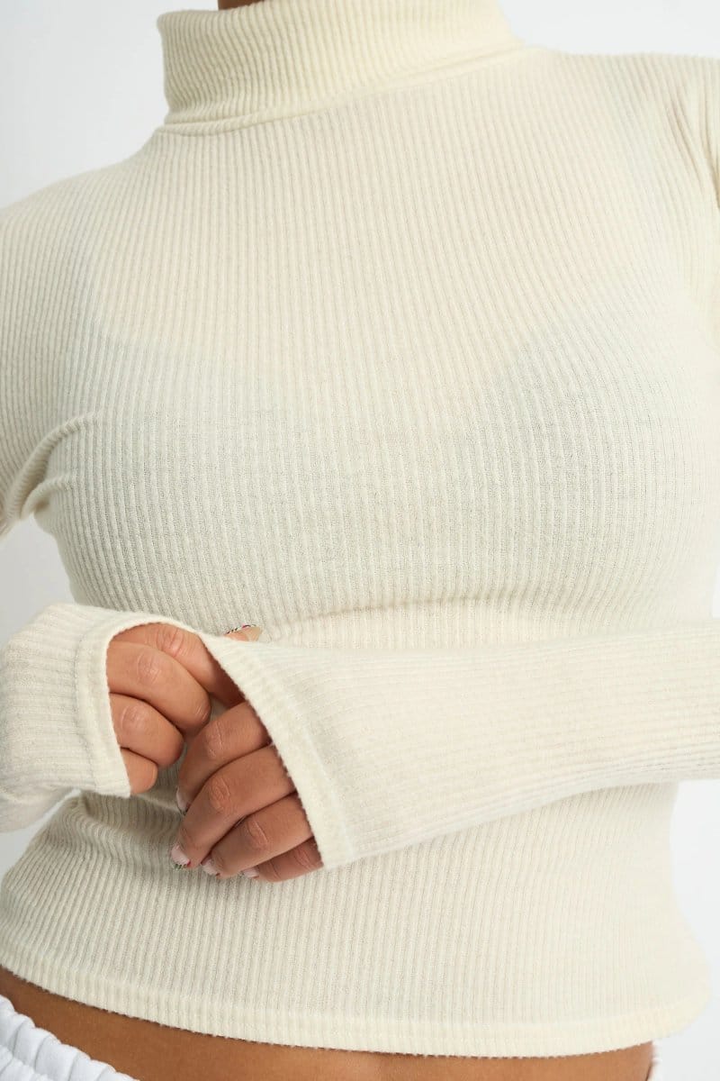 Kaiia Kaiia Rib Roll Neck Long Sleeve Top Ivory - 4