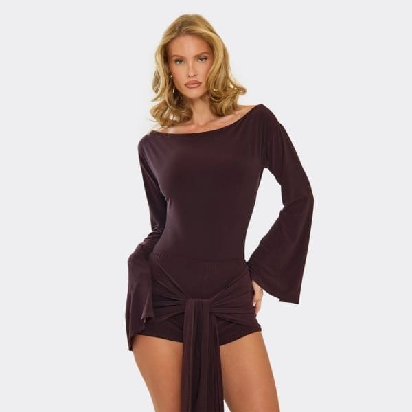 EGO Long Flared Sleeve Asymmetric Fitted Bodysuit In Chocolate Brown, Women's Size UK 6 - 1