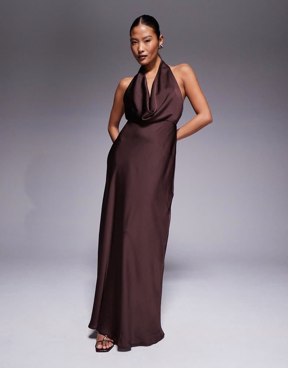 ASOS Forever New Petite Becca satin cowl halter neck maxi dress in chocolate brown