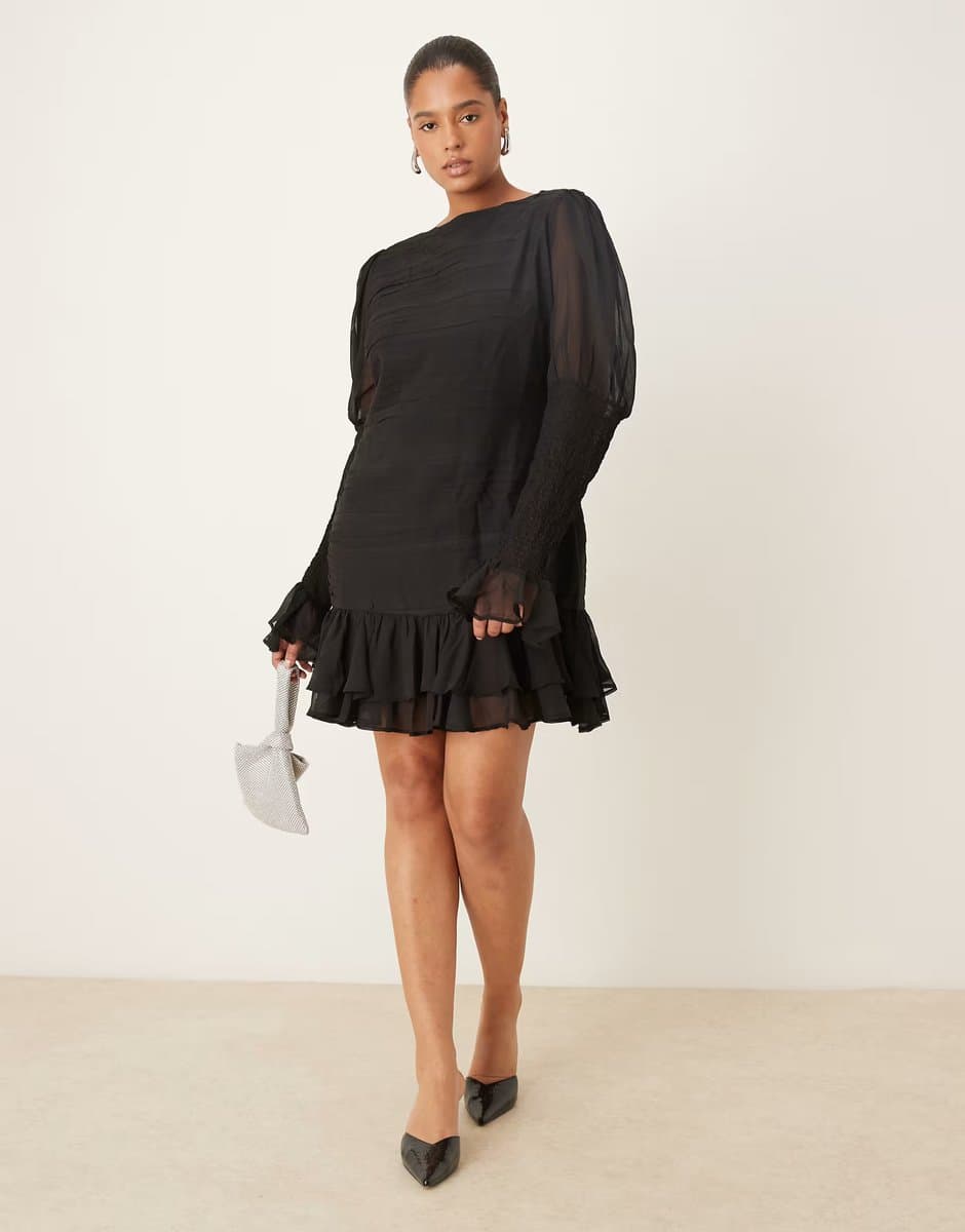 ASOS ASOS DESIGN Curve slash neck dropped waist mini dress with shirred sleeves in black