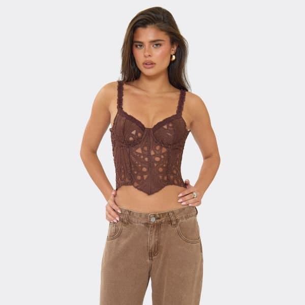 EGO Sweetheart Neckline Corset Lace Up Back Detail Top In Chocolate Brown Lace, Women's Size UK 6