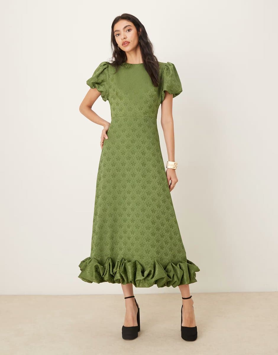 ASOS Sister Jane jacquard puff sleeve ruffle hem midaxi dress in khaki