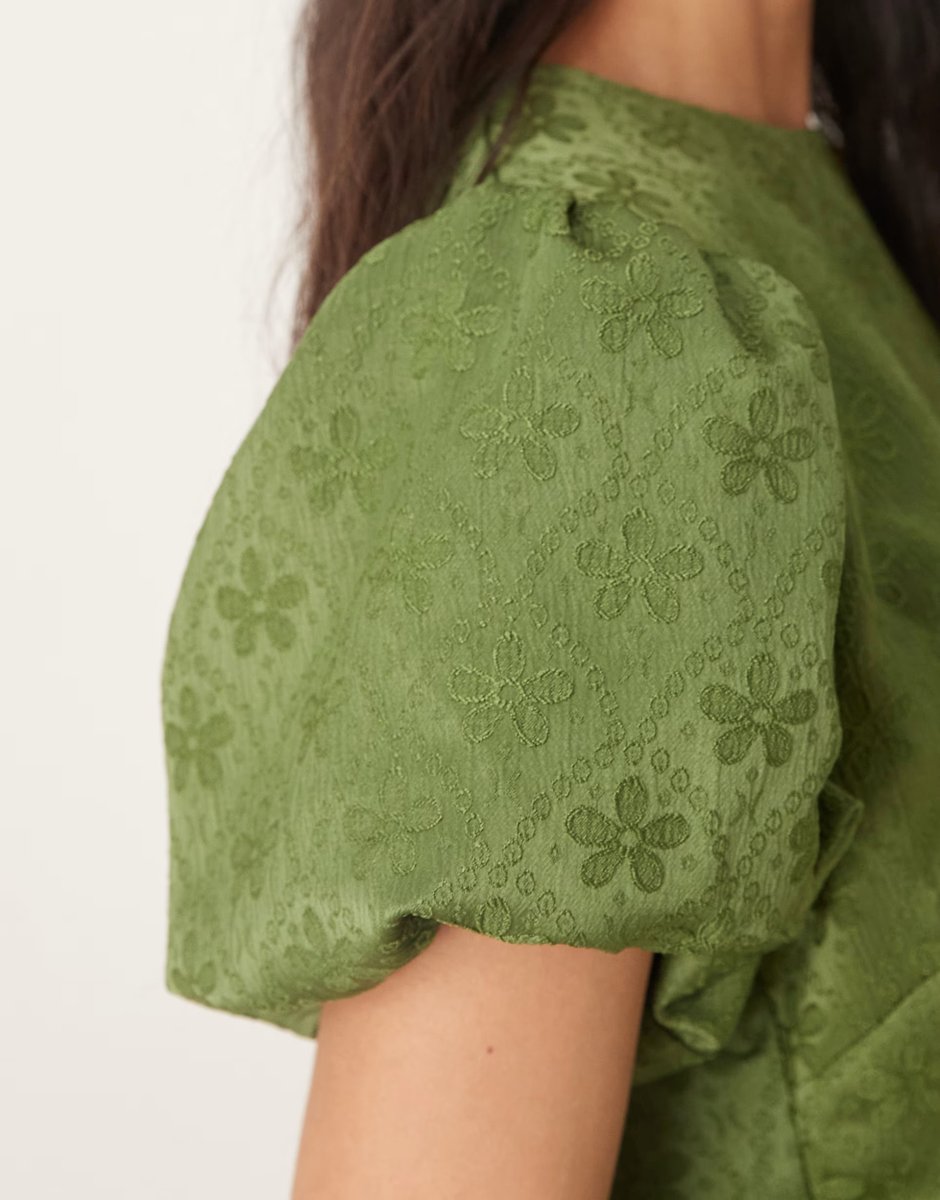 ASOS Sister Jane jacquard puff sleeve ruffle hem midaxi dress in khaki - 3