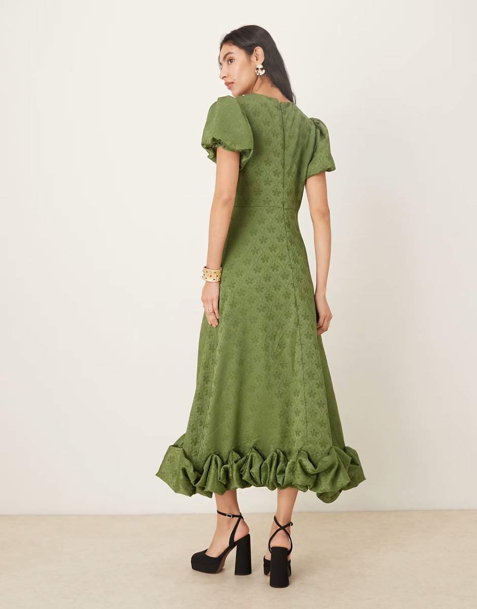 ASOS Sister Jane jacquard puff sleeve ruffle hem midaxi dress in khaki - 4