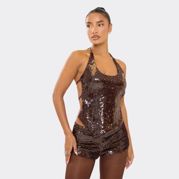 EGO Halterneck Asymmetric Hem Strappy Back Detail Top In Chocolate Brown Sequin, Women's Size UK 6
