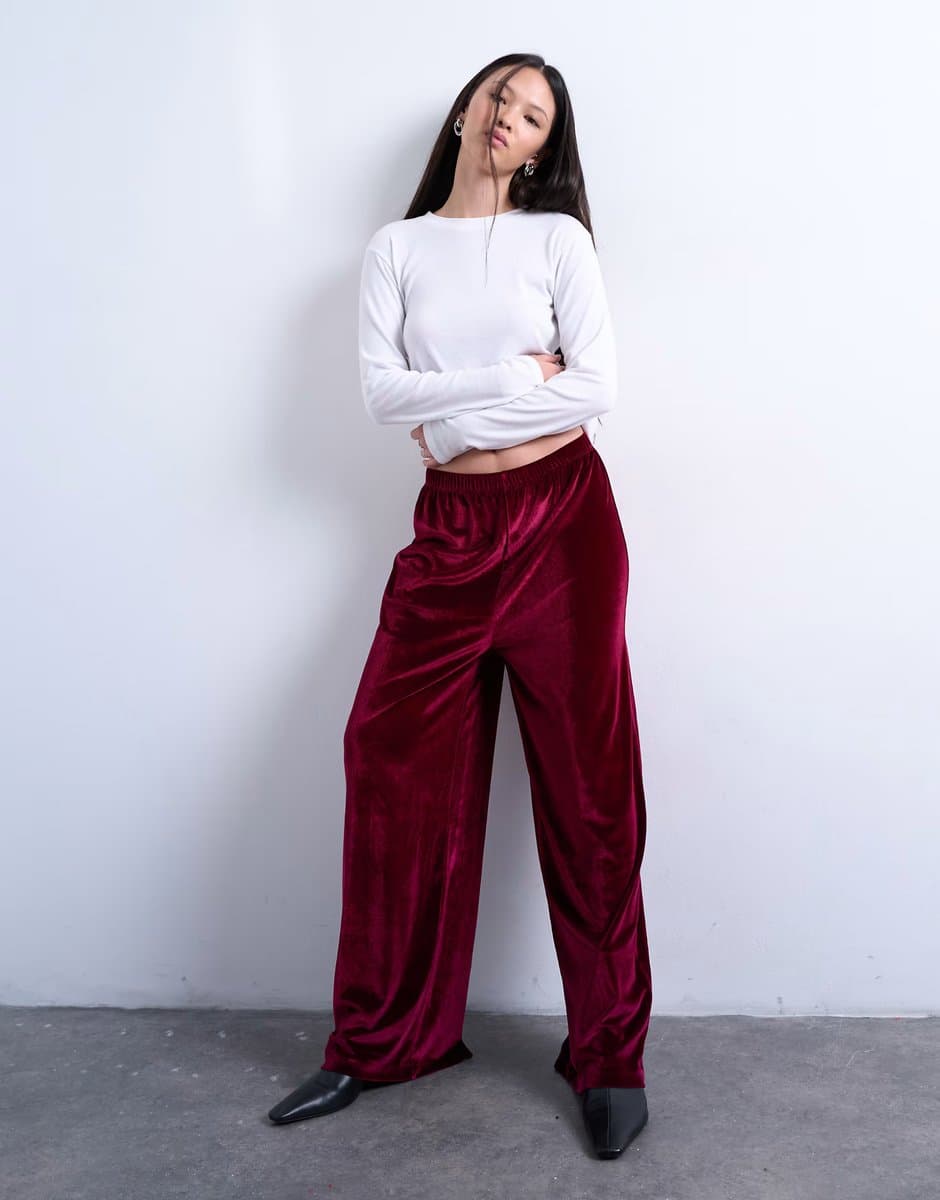 ASOS ASOS Velvet Wide Leg Pull-On Trousers in Plum
