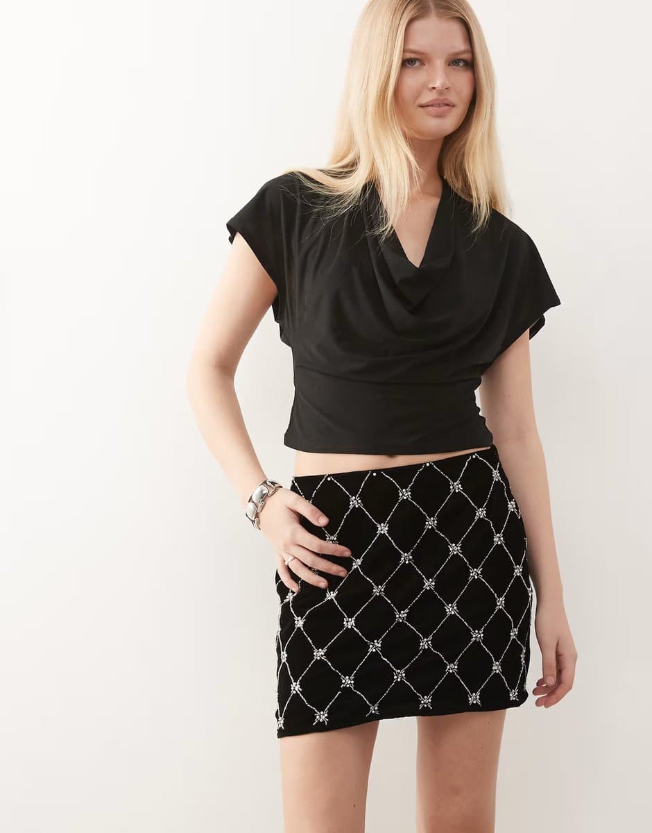 ASOS Miss Selfridge embellished velvet mini skirt in black