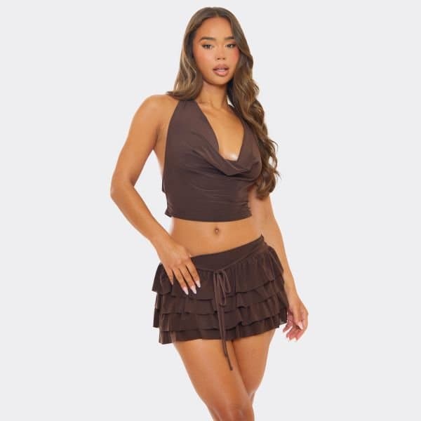 EGO Cowl Halterneck Crop Top In Brown Slinky, Women's Size UK 8