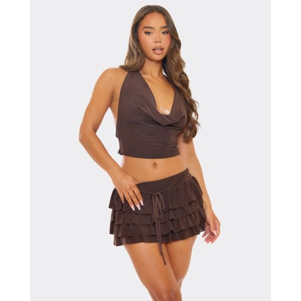 EGO Cowl Halterneck Crop Top In Brown Slinky, Women's Size UK 8 - 2