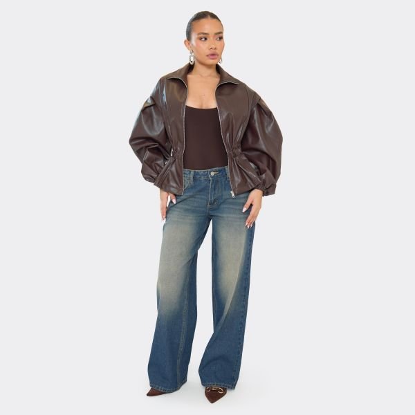 EGO Long Sleeve High Neck Cinched Elasticated Waist Jacket In Chocolate Brown Faux Leather, Women's Size UK 6 - 2