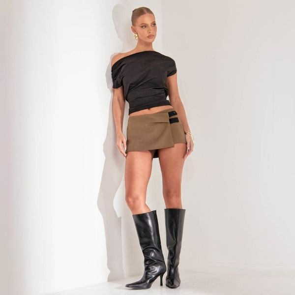 EGO Low Rise Foldover Detail Tailored Skort In Khaki, Women's Size UK 6 - 2