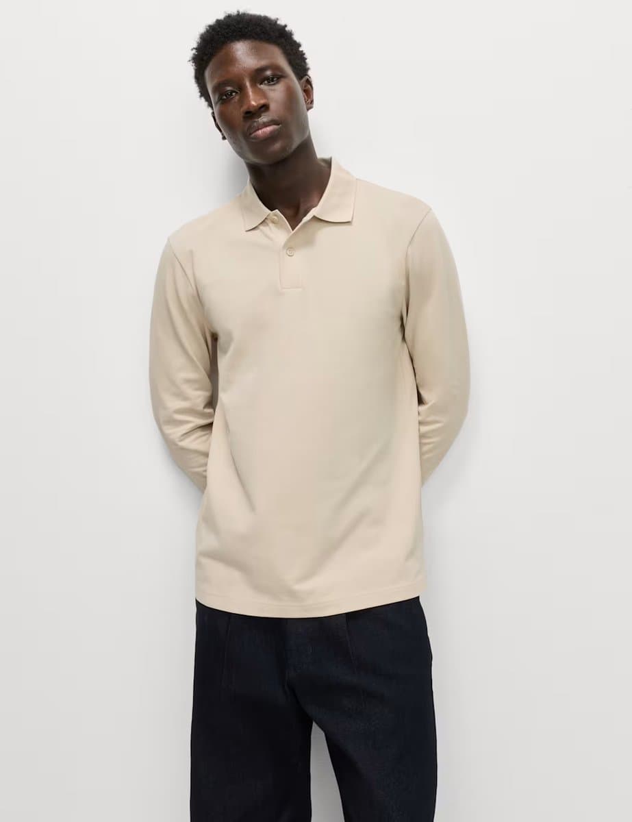 Marks & Spencer M&S Light Buff Cotton Rich Polo Shirt Long Sleeve