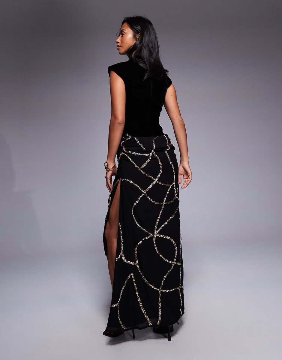 ASOS ASOS DESIGN Petite velvet fitted bodice dress with draped embellished skirt overlay in black - 3