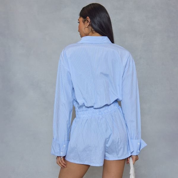 EGO Long Sleeve Tie Waist Detail Playsuit In Blue Pinstripe, Women's Size UK 6 - 2