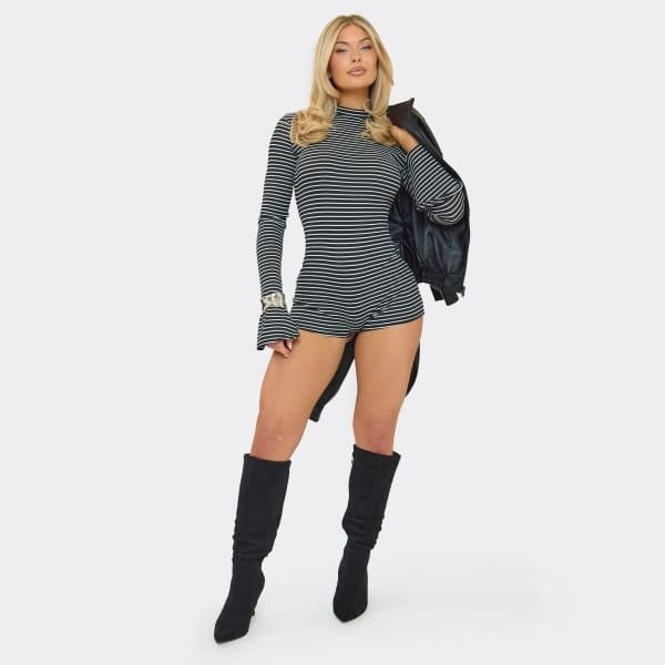 EGO Long Flute Sleeve Playsuit In Black Stripe, Women's Size UK 14 - 2