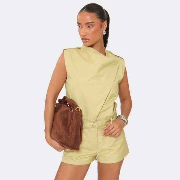 EGO Sleeveless High Neck Trench Detail Playsuit In Stone, Women's Size UK 6