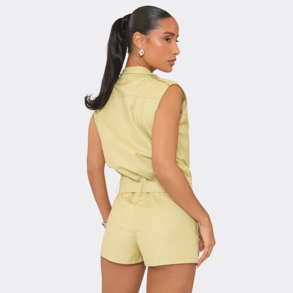 EGO Sleeveless High Neck Trench Detail Playsuit In Stone, Women's Size UK 6 - 2