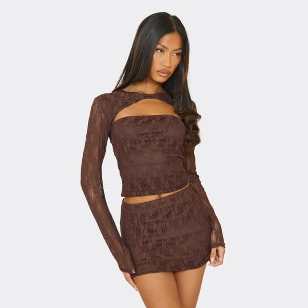 EGO Long Sleeve Button Neck Top In Chocolate Brown Lace, Women's Size UK 6 - 1