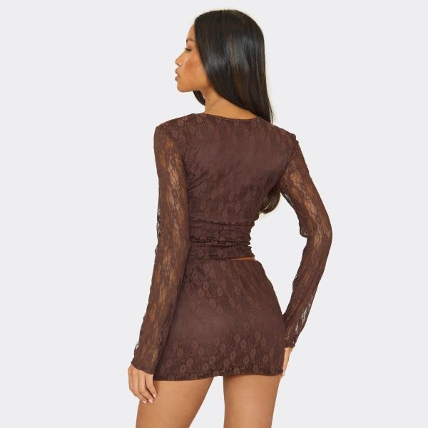 EGO Long Sleeve Button Neck Top In Chocolate Brown Lace, Women's Size UK 6 - 2