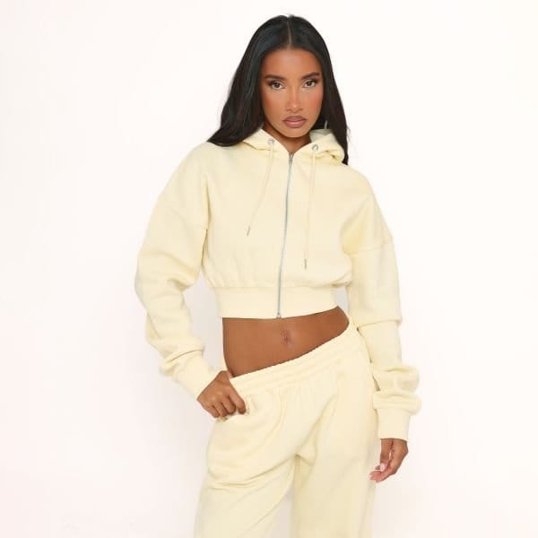 EGO Long Sleeve Zip Up Front Cropped Hoodie In Lemon, Women's Size UK 4 - 1
