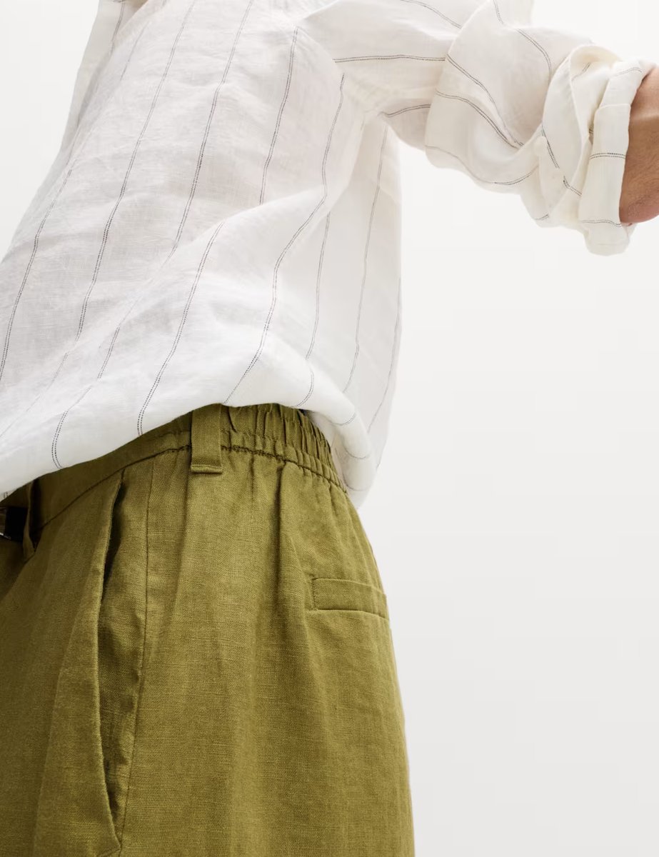 Marks & Spencer M&S Loose Fit Pure Linen Chino Shorts Olive - 2