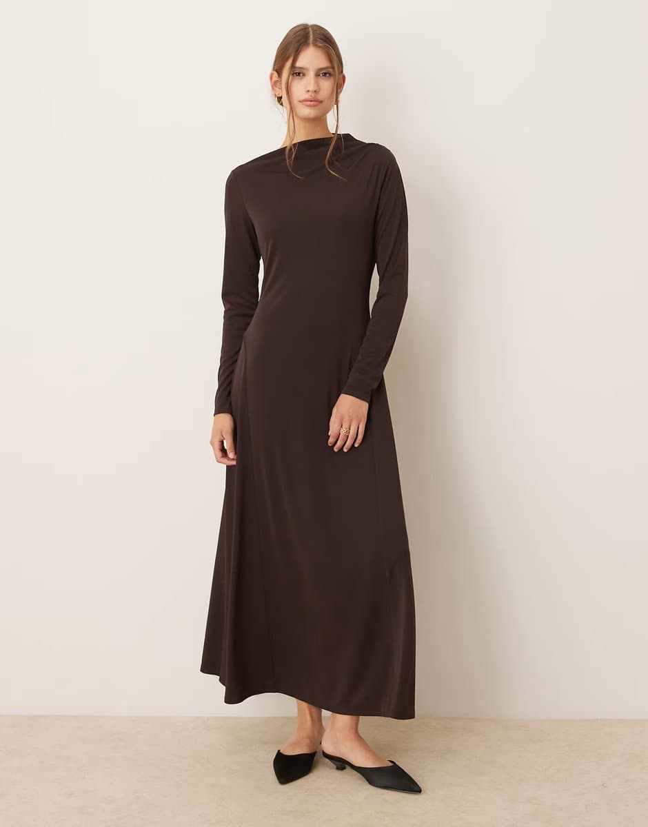 ASOS Mango slash neck long sleeve maxi dress in brown