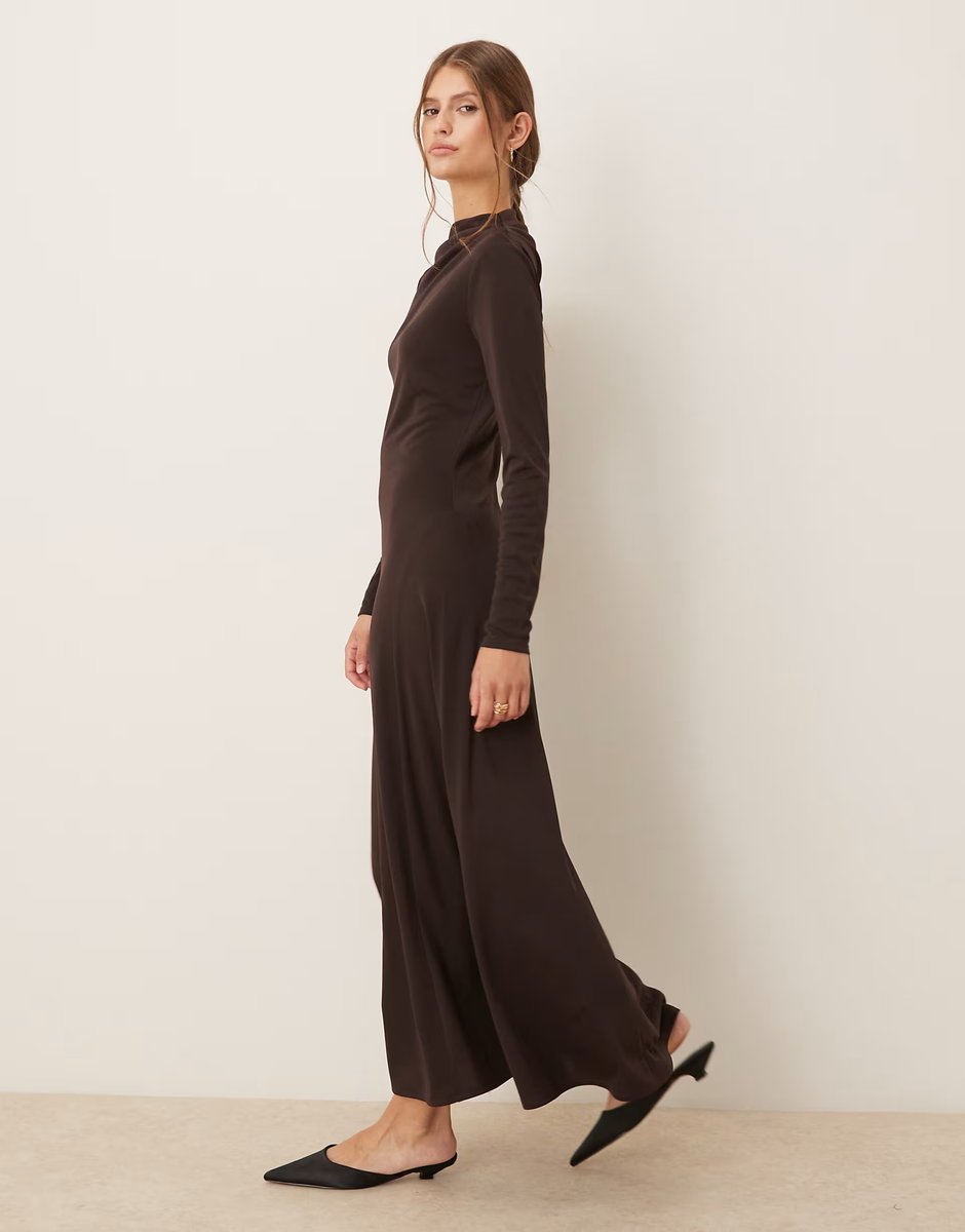 ASOS Mango slash neck long sleeve maxi dress in brown - 4
