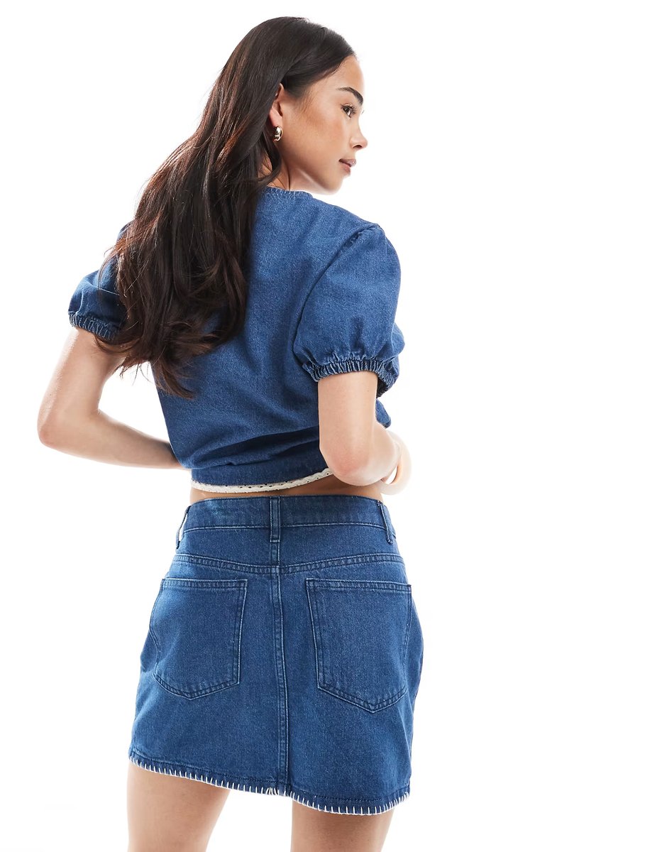 ASOS ASOS DESIGN denim pelmet skirt with blanket stitch hem in mid blue - 4