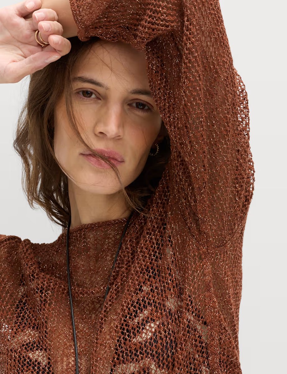 Marks & Spencer M&S Cotton Blend Metallic Jumper with Linen Maple - 4