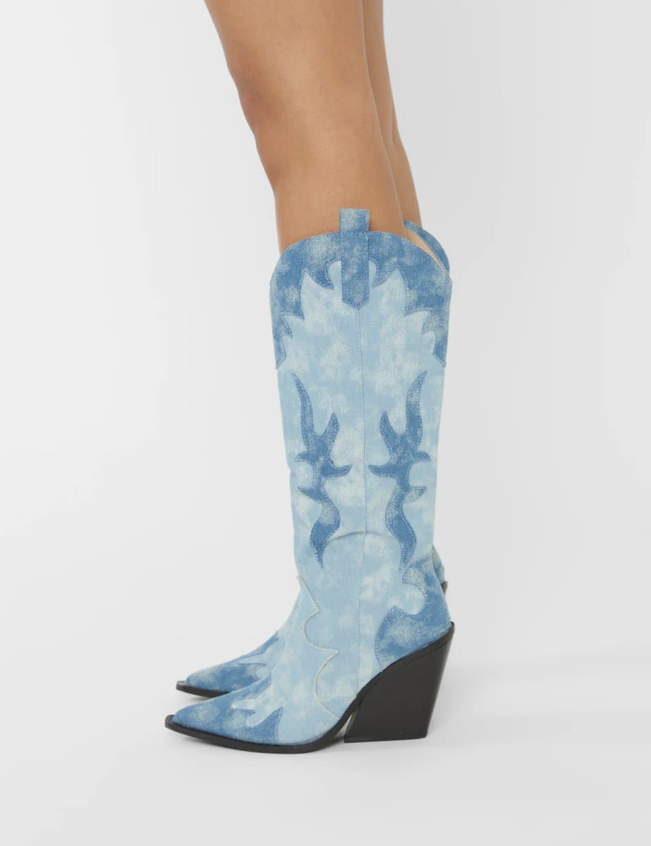 Public Desire Public Desire Western Cowboy Block Heel Knee High Boots in Denim