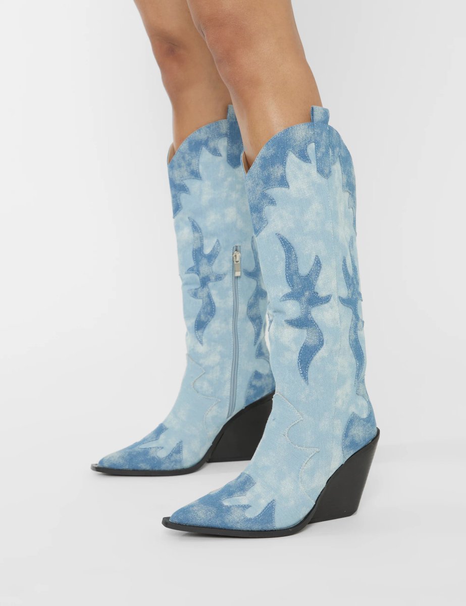 Public Desire Underwood Mixed Denim Western Cowboy Block Heel Knee High Boots - 2
