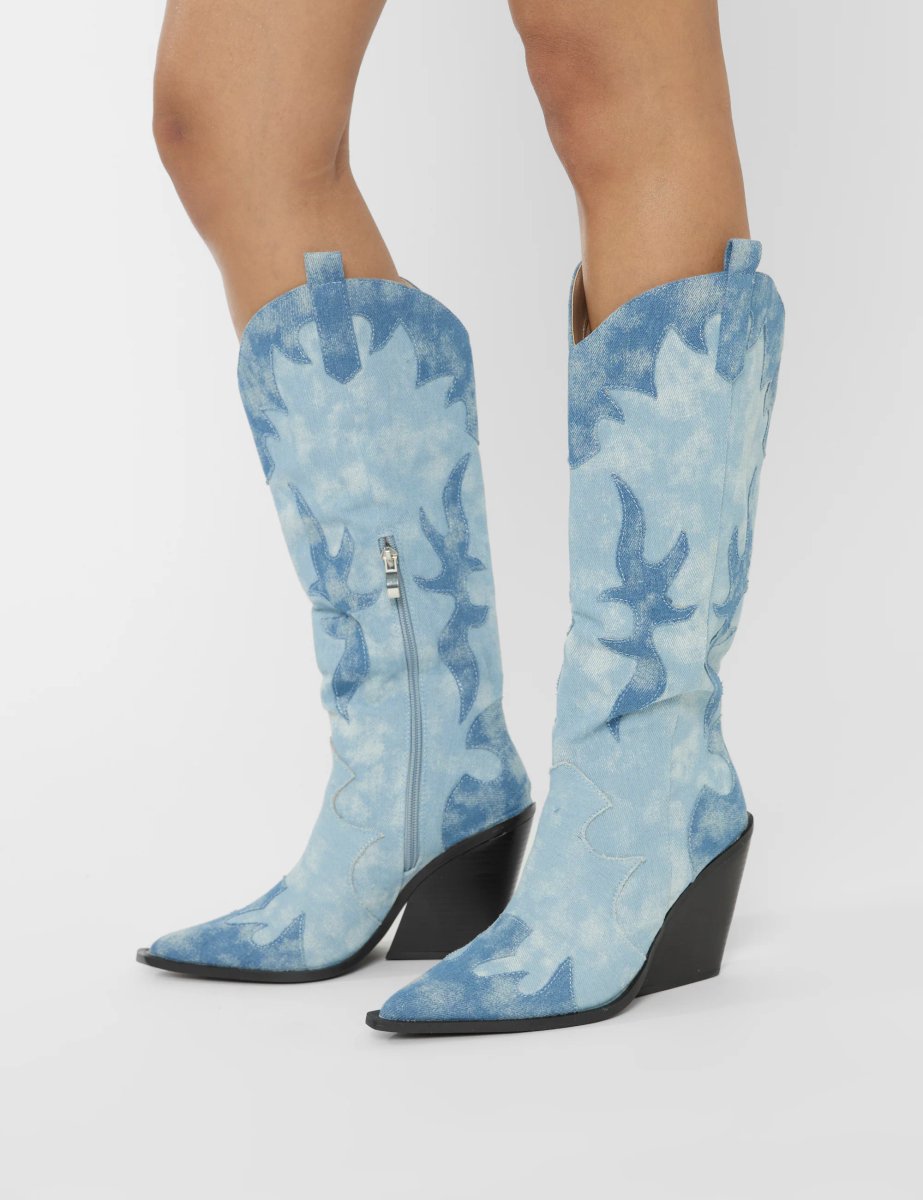Public Desire Underwood Mixed Denim Western Cowboy Block Heel Knee High Boots - 3