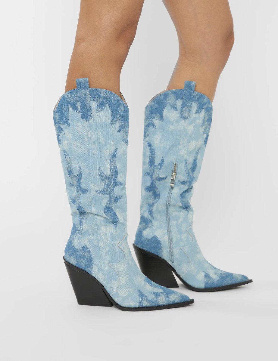 Public Desire Underwood Mixed Denim Western Cowboy Block Heel Knee High Boots - 4