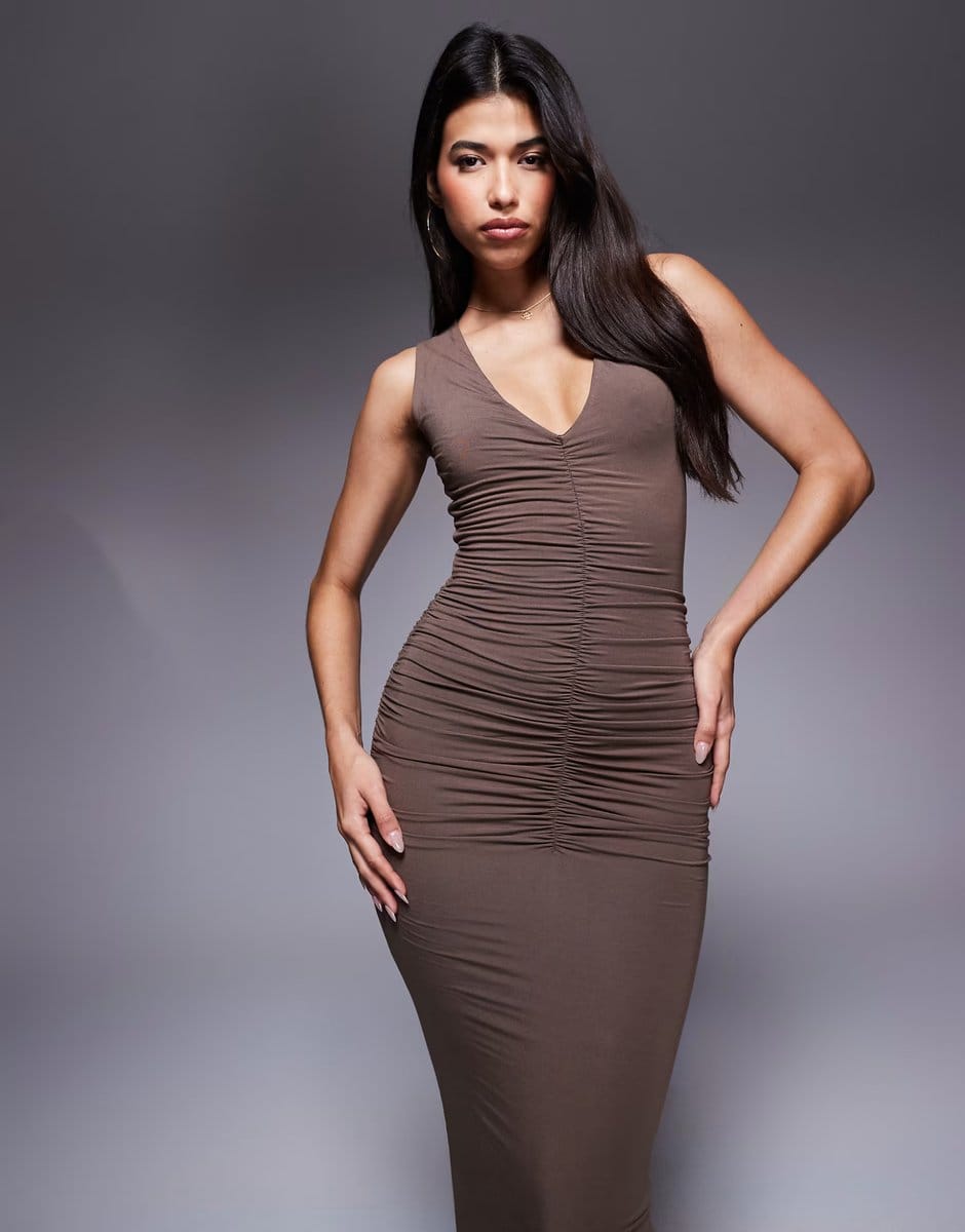 ASOS Wanderdoll Tate sculpting second skin plunge neck ruched detail sleeveless maxi dress in soft brown - 1