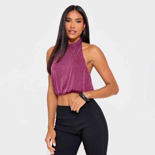 EGO EGO Purple Glitter Halterneck Top with Gathered Waist