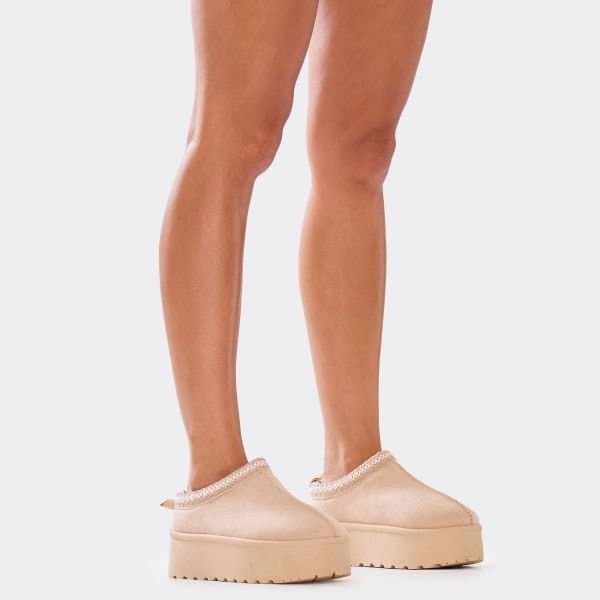 EGO Tazmin Aztec Detail Faux Fur Lining Platform Slipper In Sand Faux Suede, Women's Size UK 8