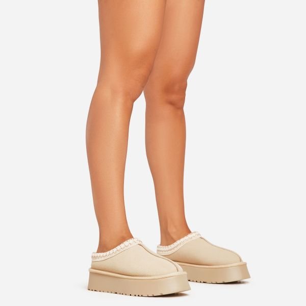 EGO Tazmin Aztec Detail Faux Fur Lining Platform Slipper In Sand Faux Suede, Women's Size UK 8 - 2