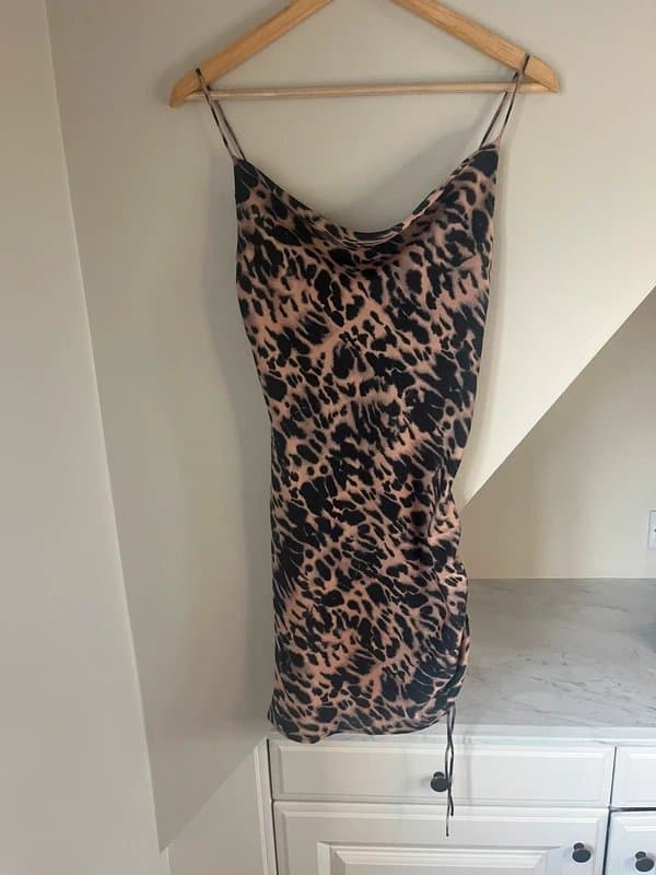 Topshop Topshop Vintage y2k Leopard Print Tan & Black Silk Satin Ruched Dress Size 6