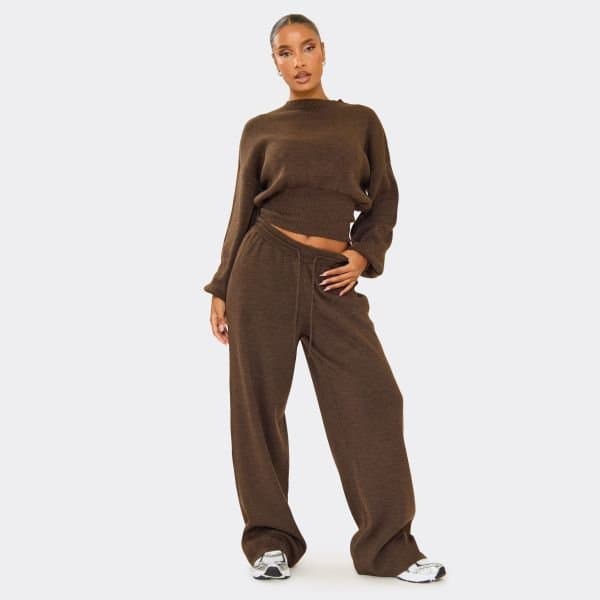 EGO Tie Waist Wide Leg Trousers In Chocolate Brown Knit, Women's Size UK Large L