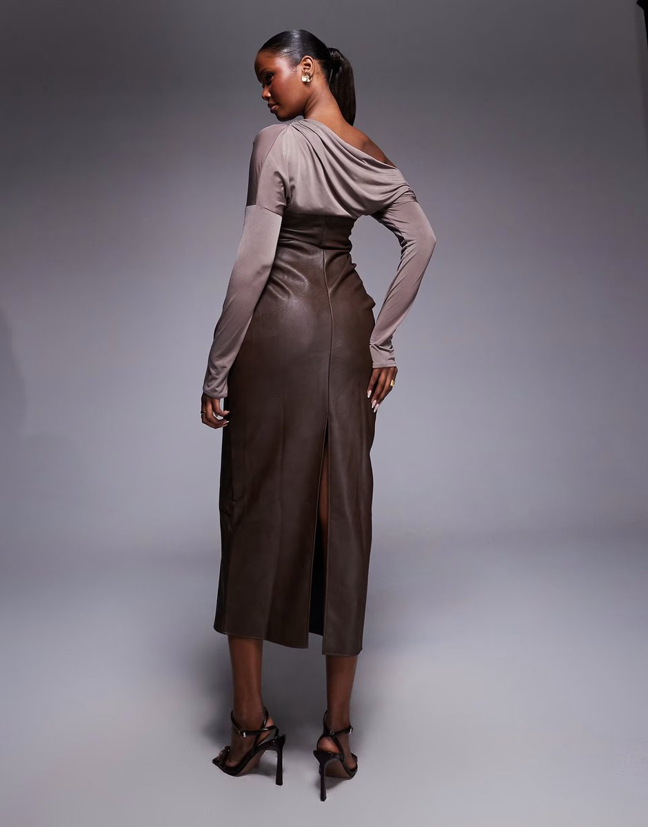 ASOS ASOS DESIGN fallen shoulder PU bandeau midi dress in chocolate - 4