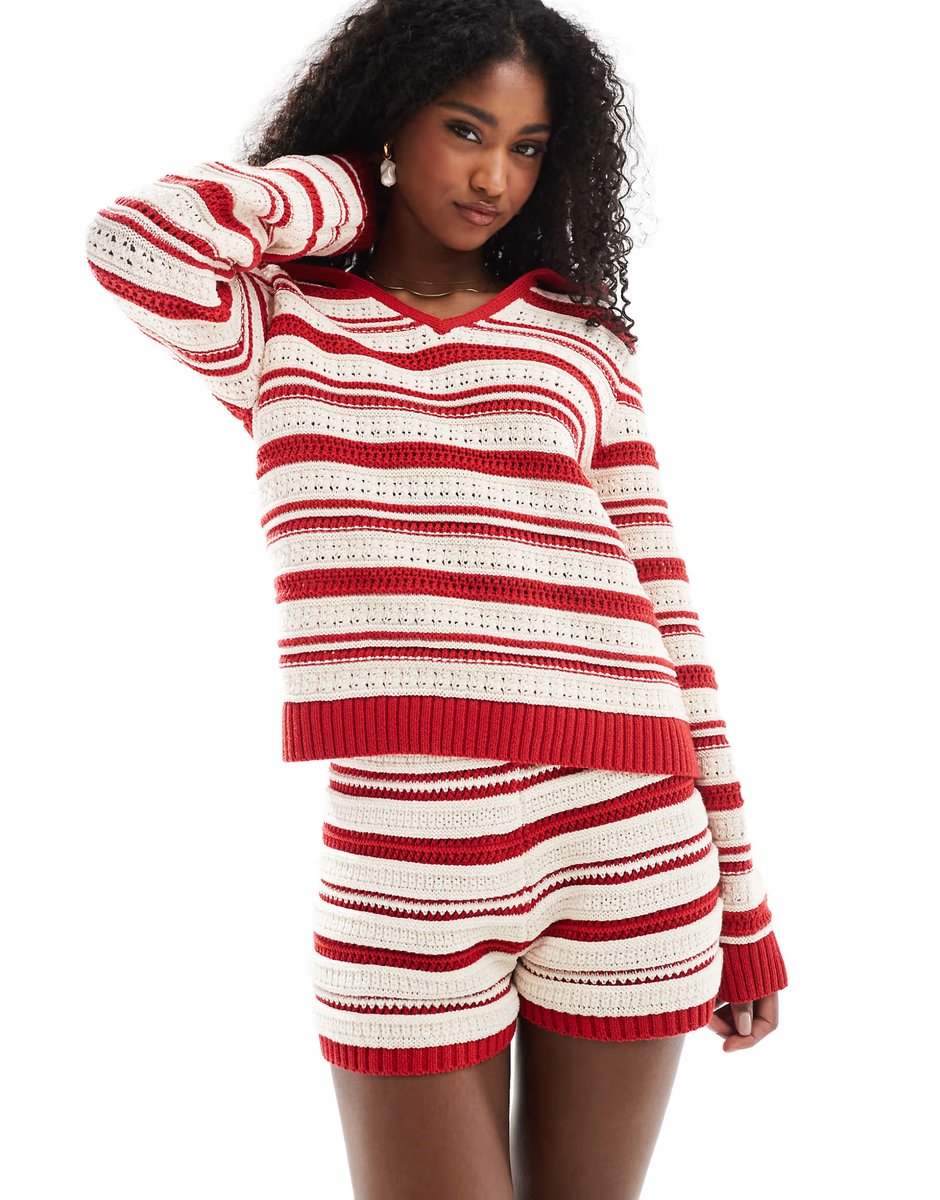 ASOS ASOS DESIGN crochet look short co-ord in red stripe - 2