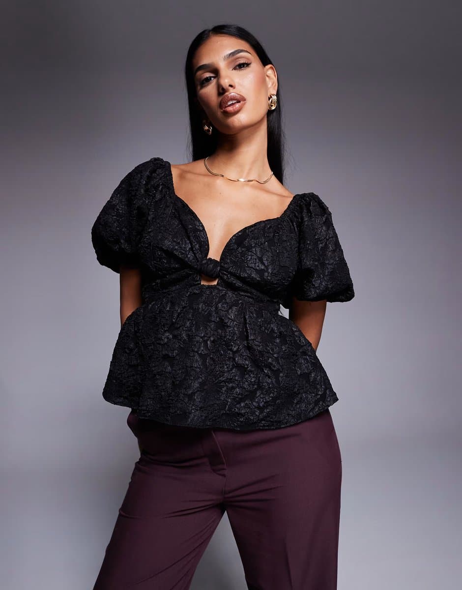 ASOS New Look jacquard puff sleeve top in black
