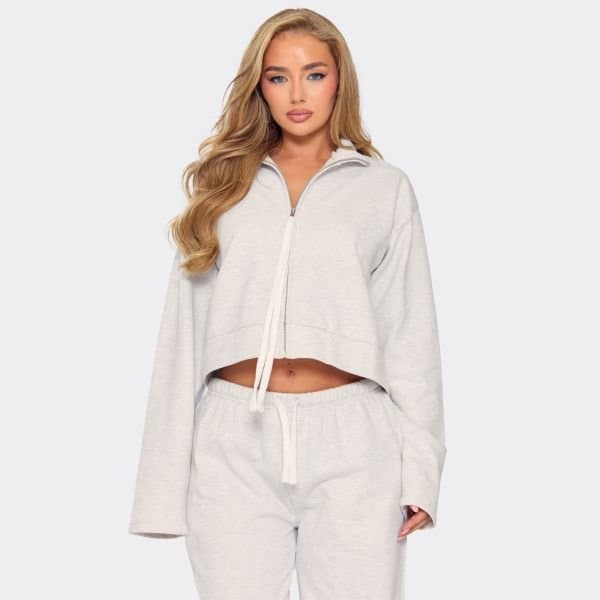 EGO Long Sleeve Contrast Tie Zip Up Sweatshirt In Light Grey Marl, Women's Size UK 6