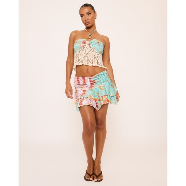 EGO Mid Rise Hanky Hem Mini Skirt In Multi Abstract Print, Women's Size UK 4 - 2