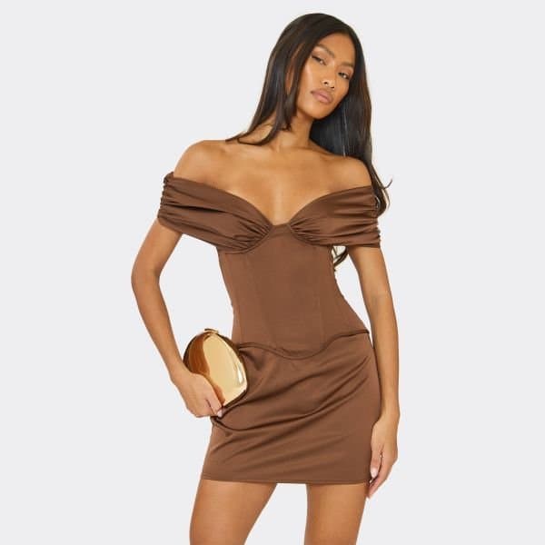 EGO Off The Shoulder Curved Hem Corset Detail Mini Dress In Chocolate Brown Satin, Women's Size UK 6