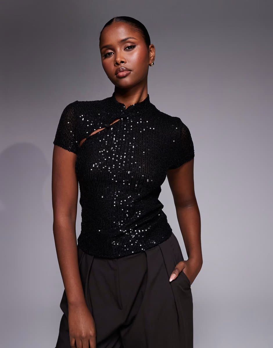 ASOS ASOS DESIGN allover sequin top with rouleau loop button detail