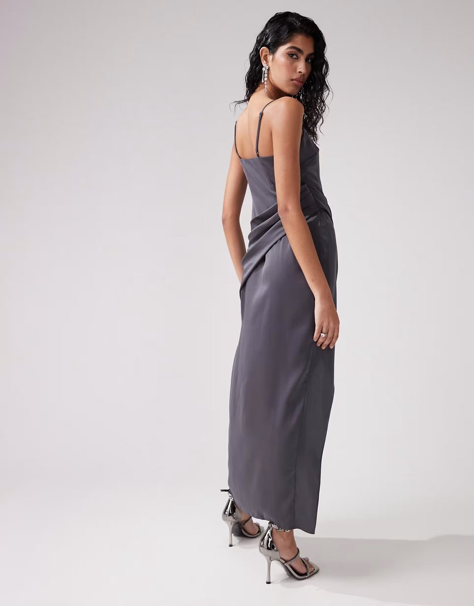 ASOS ASOS DESIGN satin cami midi dress with drape skirt in charcoal - 4
